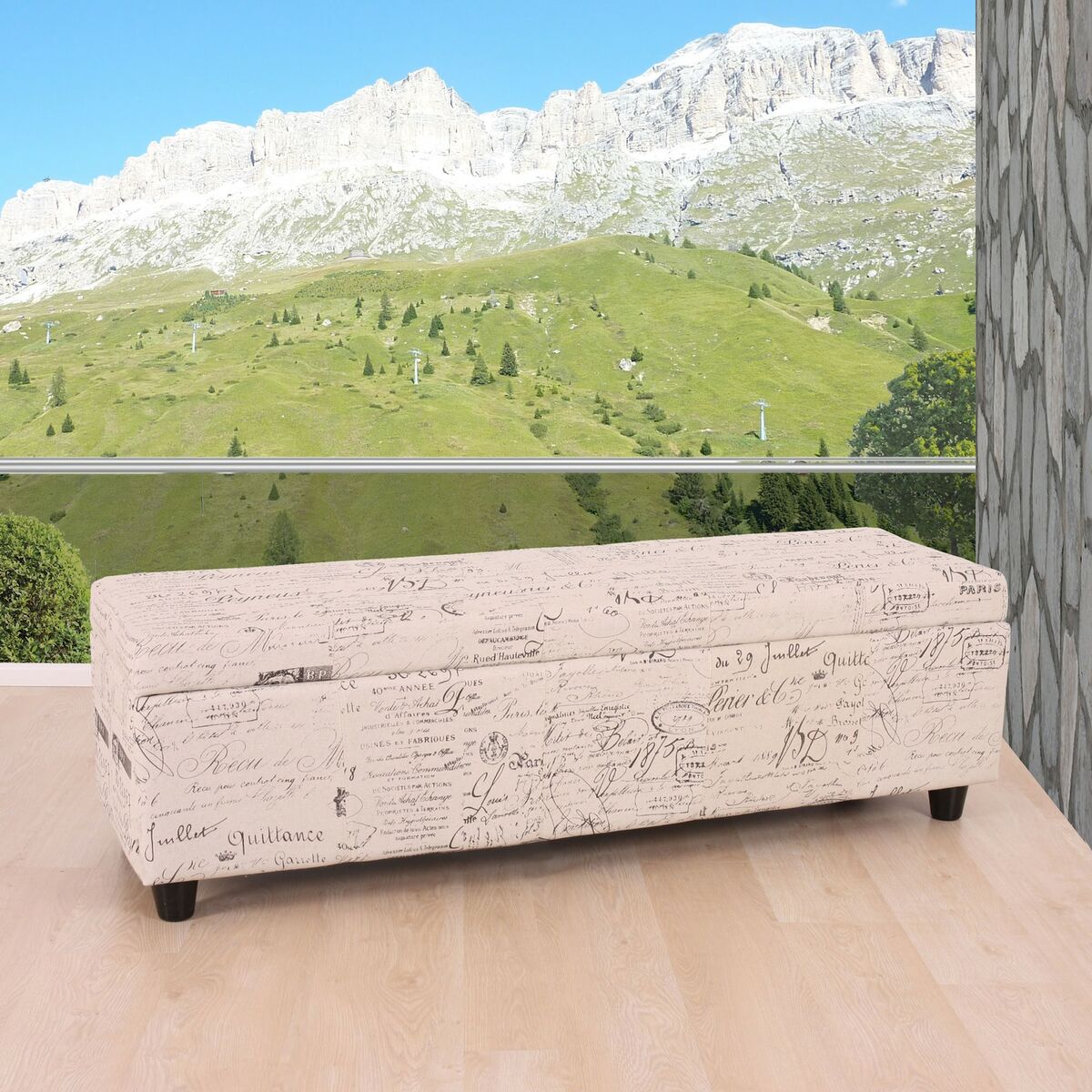 Bild 1 von Aufbewahrungs-Truhe Kriens, Sitzbank Bank, Stoff/Textil, 45x114x45cm ~ Schriftzug, creme