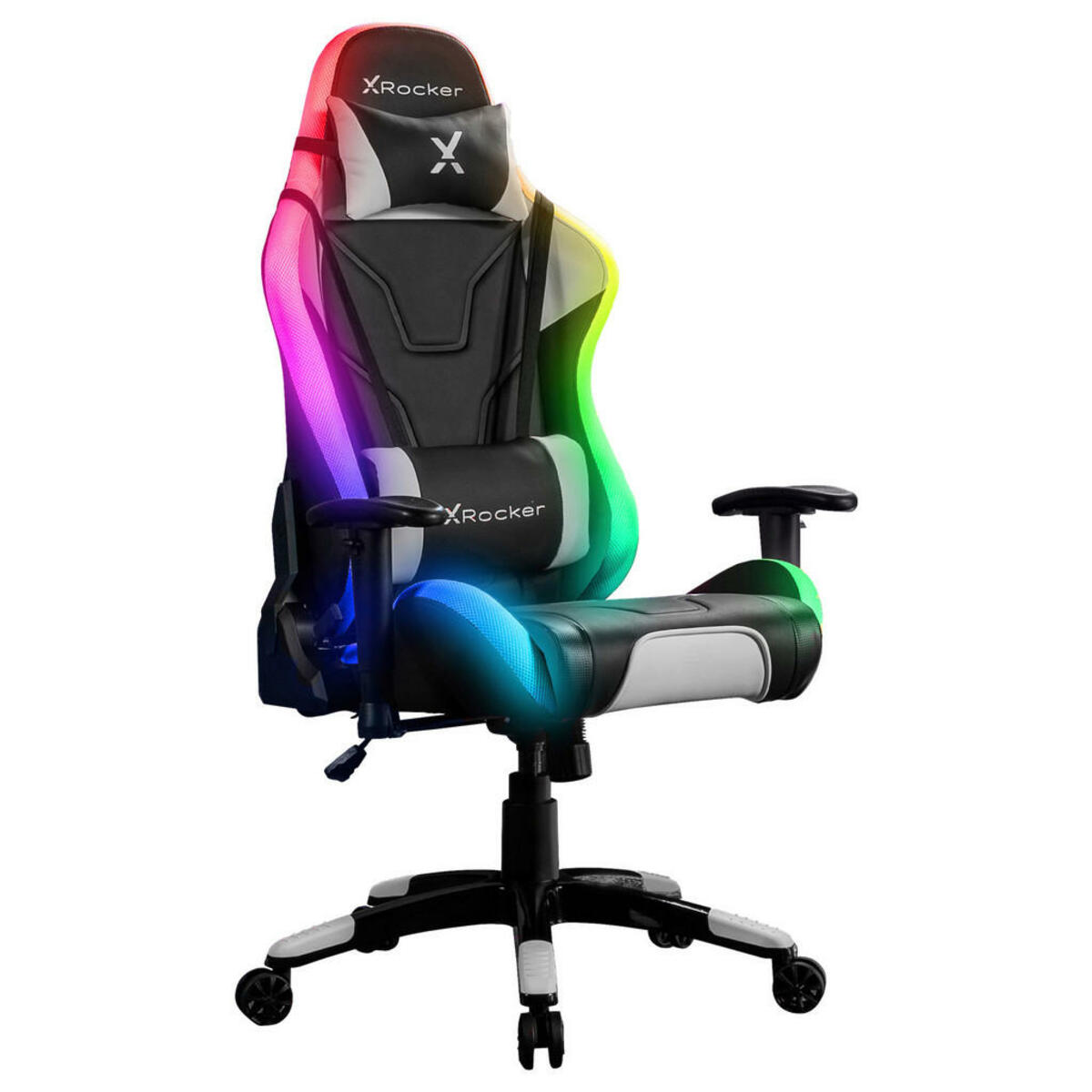 Bild 1 von Gamingstuhl, Schwarz, Metall, Kunststoff, Leder, Lederlook, Drehkreuz, 66x128x59.9 cm, Wippfunktion, Sitzfläche 360° drehbar, abwischbar, Nackenkissen abnehmbar, Lendenkissen ergonomische Rückenle