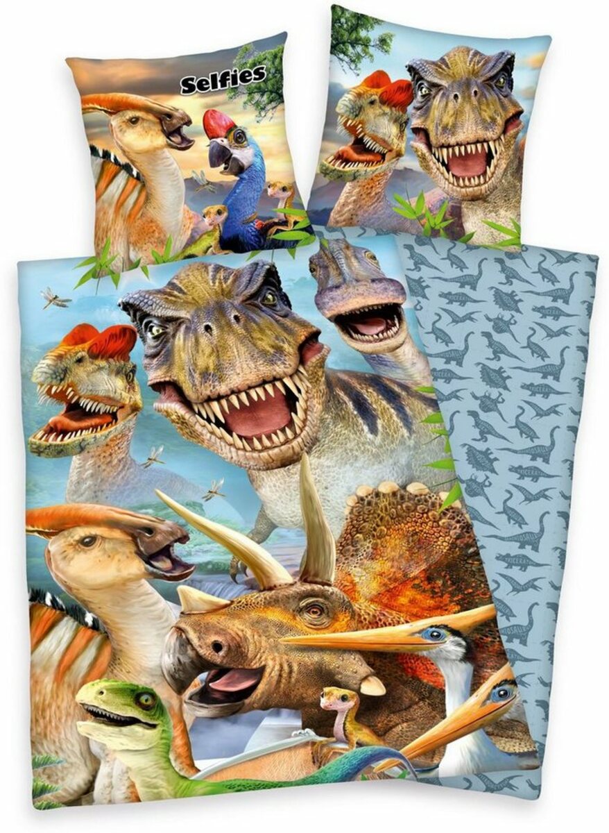 Bild 1 von Kinderbettwäsche Selfies Dinosaurier, Renforcé, mit tollem Dinosaurier-Motiv