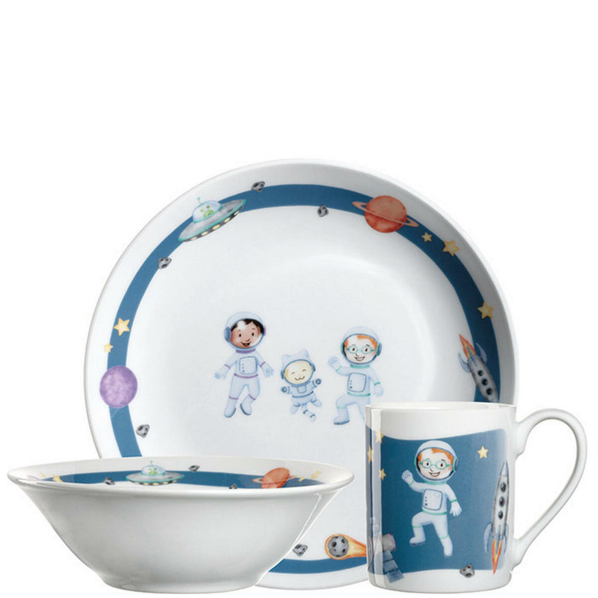 Bild 1 von Leonardo Kindergeschirrset, Blau, Weiß, Stein, Weltall, 21.30x21.50x9.50 cm, lebensmittelecht, Babyernährung, Kindergeschirr