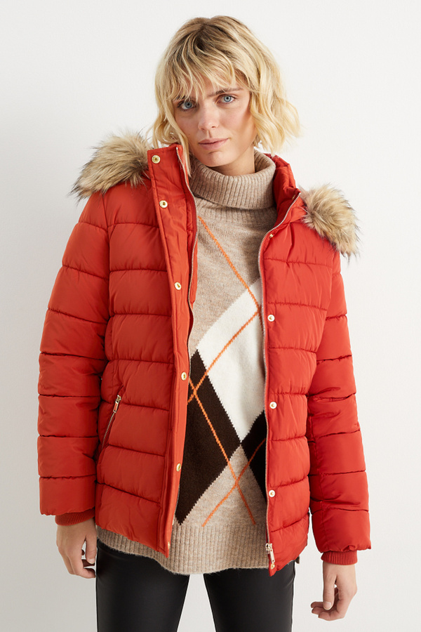 Bild 1 von C&A Steppjacke mit Kapuze und Kunstfellbesatz, Orange, Größe: 50