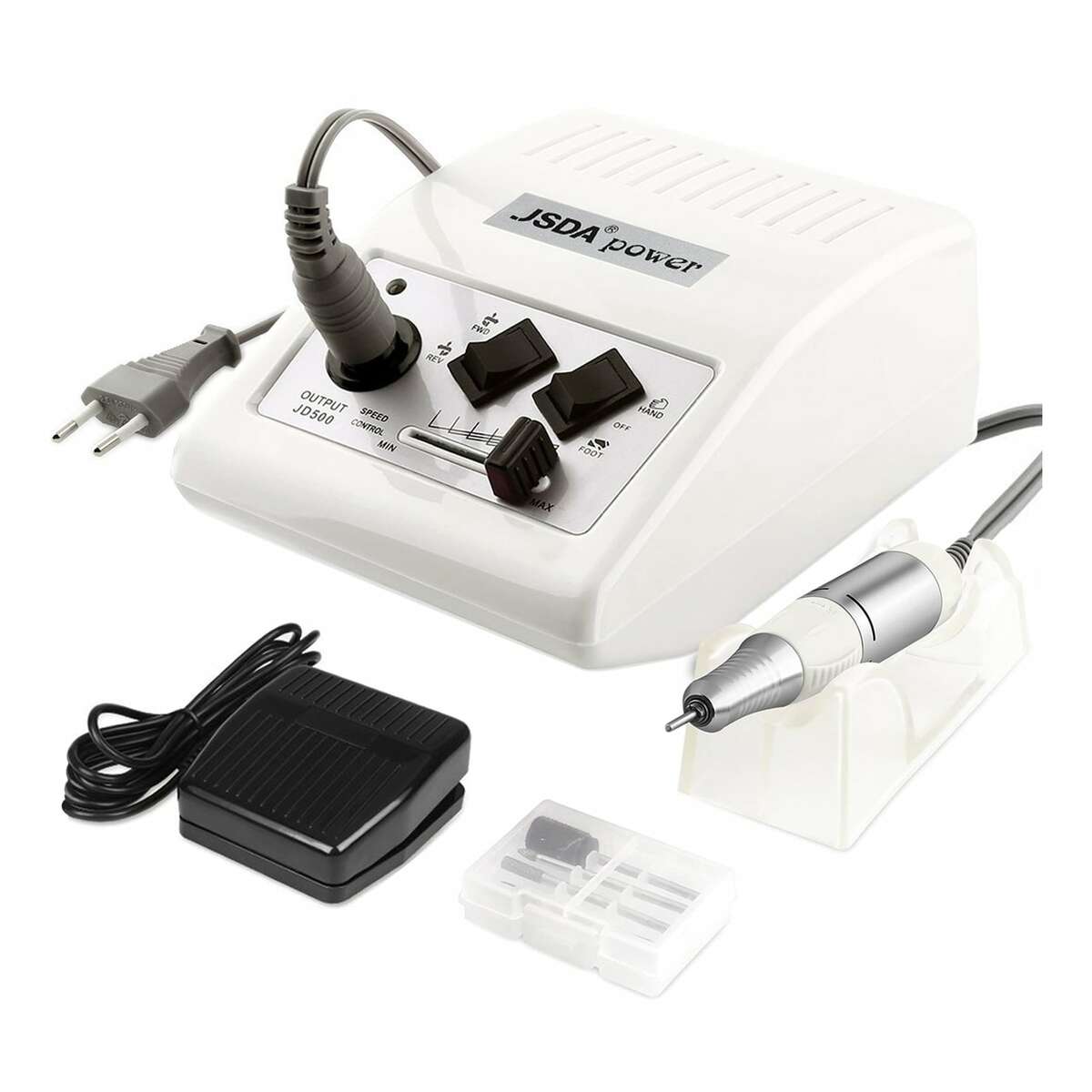 Bild 1 von JSDA Profi Elektrische Nagelfeile für Gelnägel, Shellac - 30000 U/Min Inkl 4 Bits & Fußpedal Maniküre Pediküre Fußpflegegerät Acrylnägel weiß