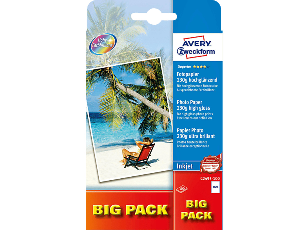 Bild 1 von AVERY ZWECKFORM C2495-100 Superior (hochglänzend) Inkjet Fotopapier 100 x 150 mm - Blatt