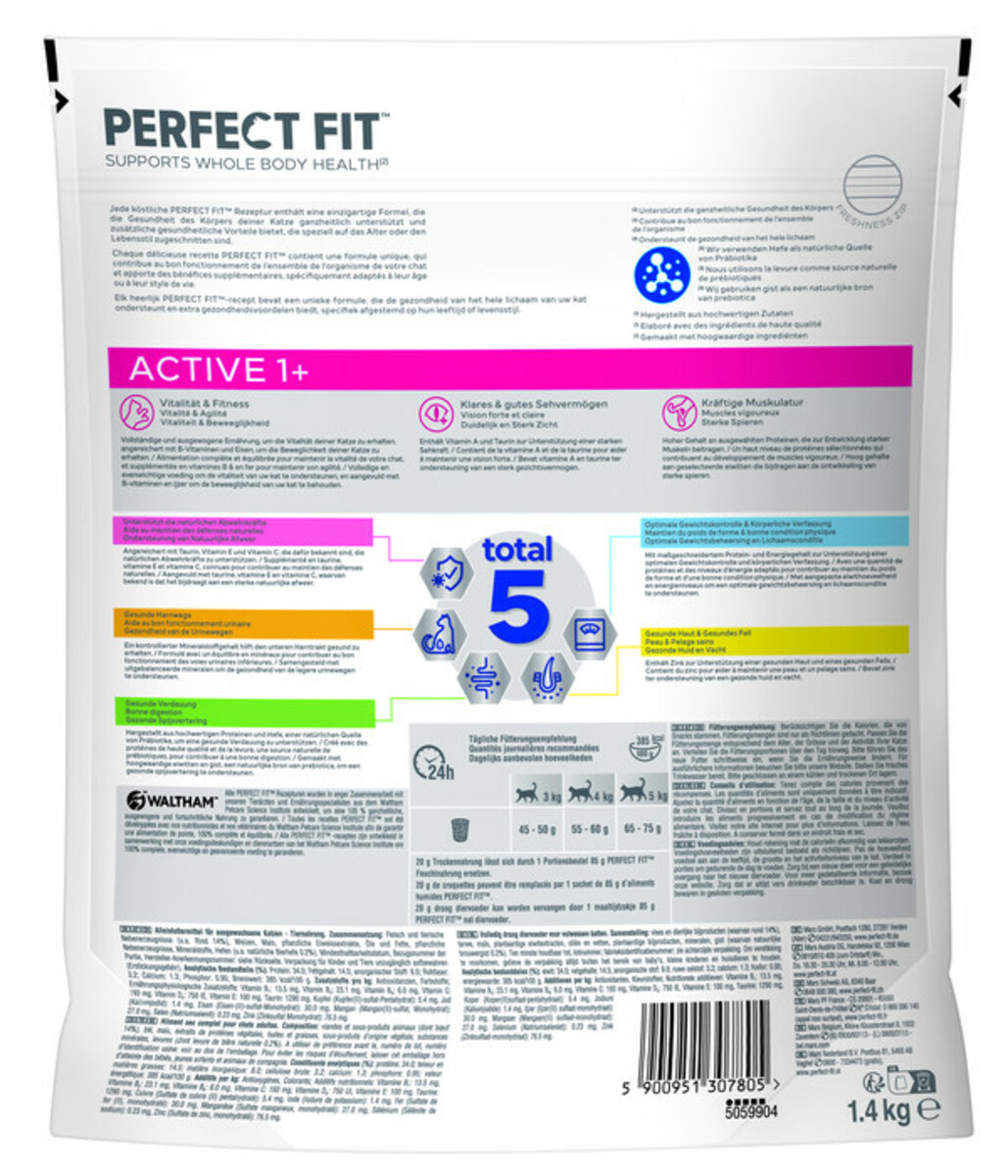 Bild 2 von Perfect Fit® Trockenfutter für Katzen Active, Adult 1+, Rind, 5 x 1,4 kg