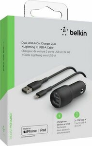 Belkin Dual USB-A Kfz-Ladegerät inkl. Lightning Kabel 1m 24W USB-Ladegerät