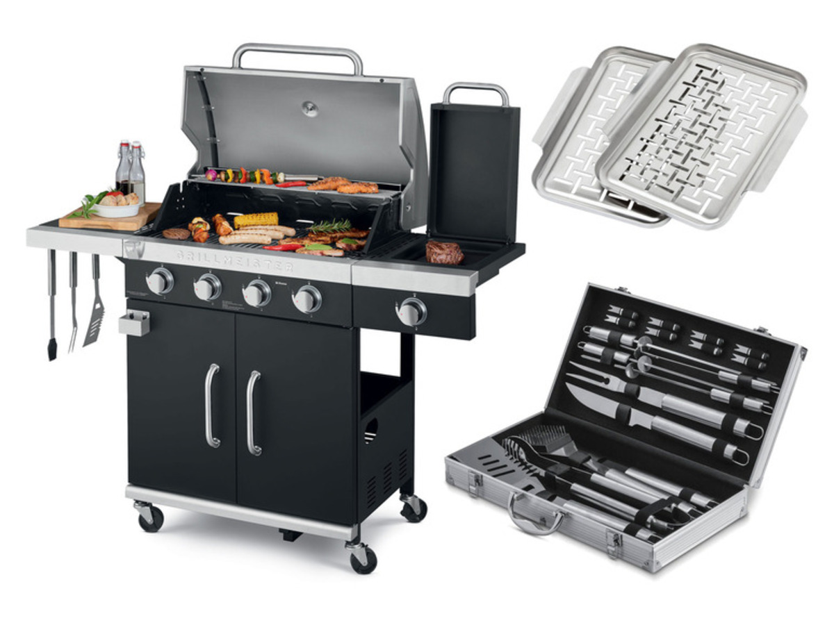 Bild 1 von GRILLMEISTER Gasgrill, 4plus1 Brenner, 19,7 kW, mit 4 Garzonen, Grillbesteck und Grillplatten