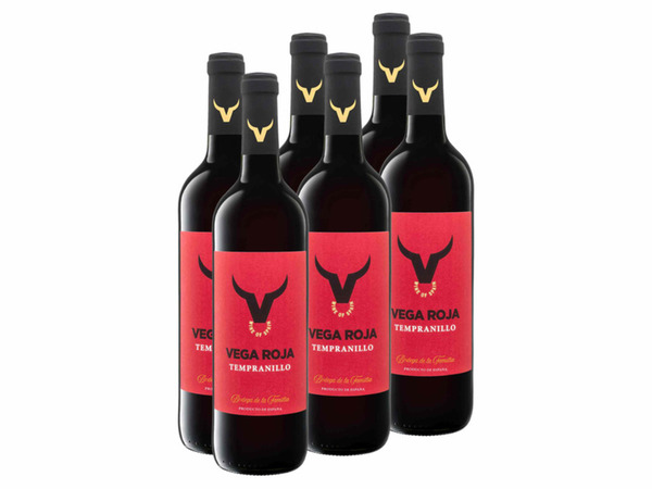 Bild 1 von 6 x 0,75-l-Flasche Weinpaket Vega Roja Tempranillo Valdepeñas DO trocken, Rotwein, 
         4.5-l