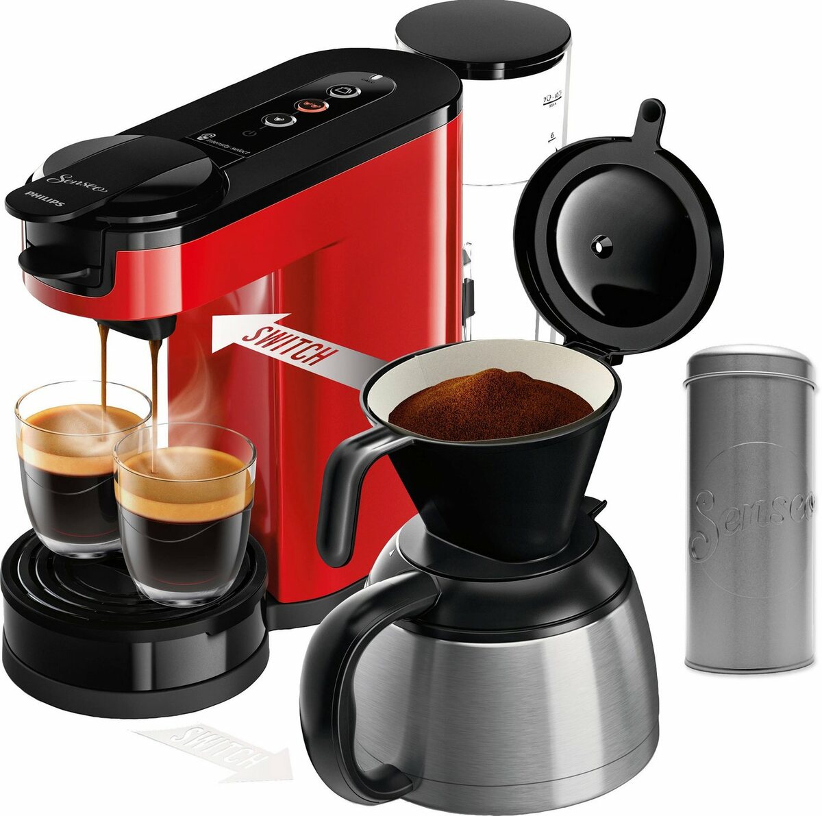 Bild 1 von Philips Senseo Kaffeepadmaschine Switch HD6592/84, 1l Kaffeekanne, inkl. Kaffeepaddose im Wert von 9,90 € UVP
