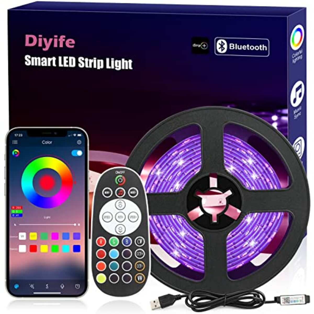 Bild 1 von Diyife LED Strip [App Smart Steuerung], 3M Heller RGB LED Streifen Bluetooth-Verbindung, USB-Schnittstelle Flexibel Lichterkette Band, Musik/Sprachsynchronisation Farbe Ändern DIY Fernseher, Compute