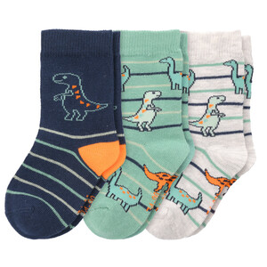 3 Paar Baby Socken mit Dino-Motiven DUNKELBLAU / TÜRKIS / HELLGRAU
