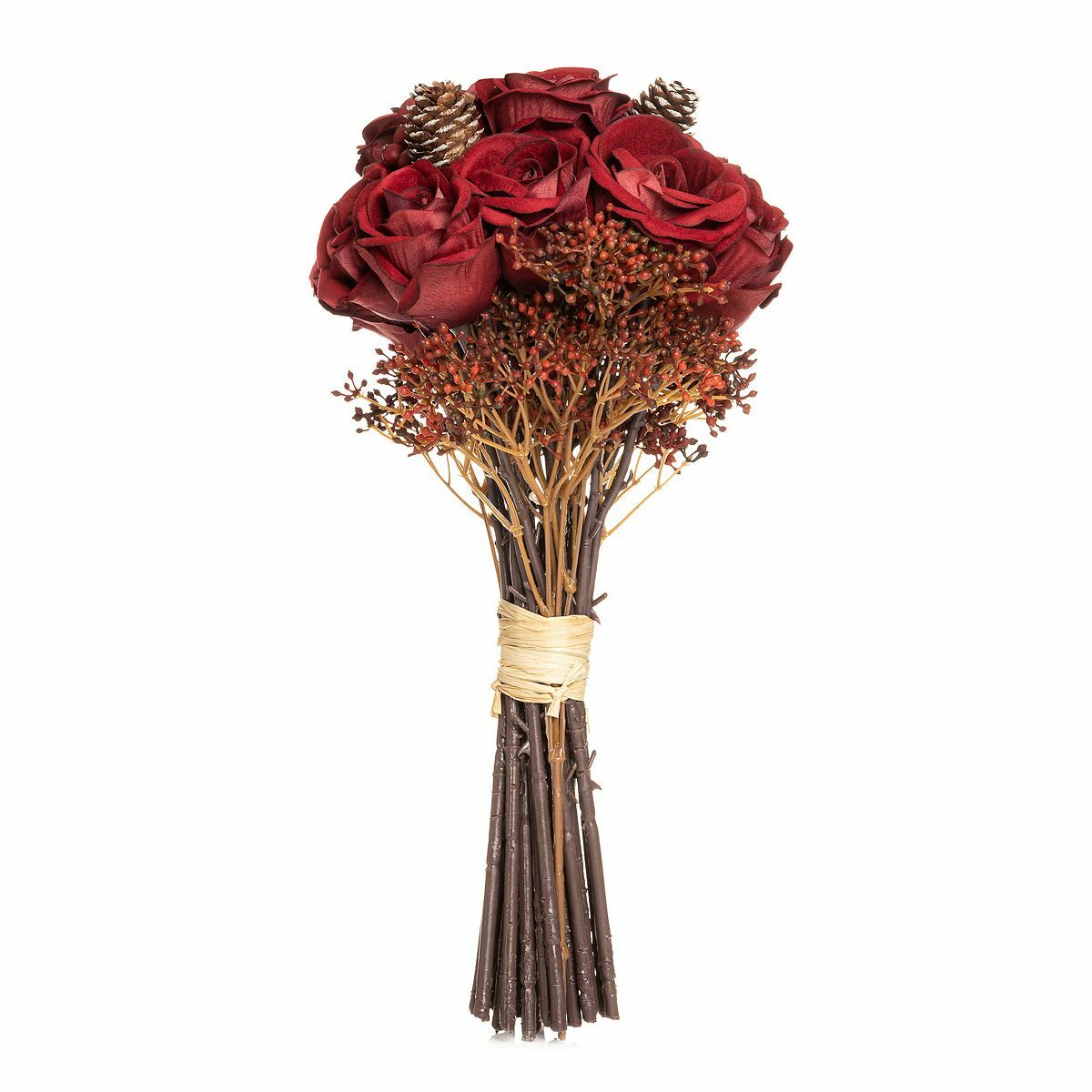 Bild 1 von ABELLA Flora künstl. Handstrauß rote Rosen inkl. Beeren & Zapfen Höhe 36cm, Ø 25cm