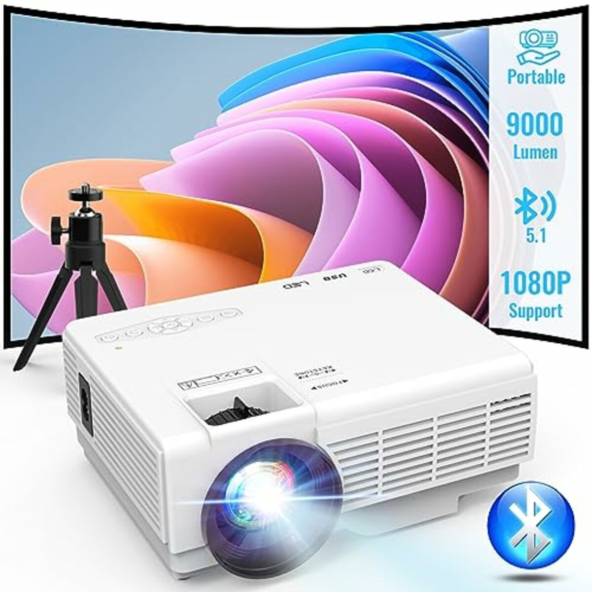 Bild 1 von Mini Beamer Bluetooth mit Stativ, YOOYAA 9000 Lumen Video Beamer Full HD 1080P Unterstützt, Tragbar Heimkino Projektor für Handy Phone, Kompatibel mit TV Stick/X-Box/DVD/Laptop/Smartphone
