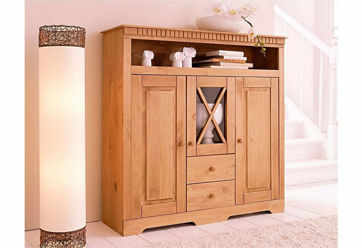 Bild 1 von Home affaire Highboard Lisa, aus massivem Kiefernholz, mit dekorativen Fräsungen an der Topplatte