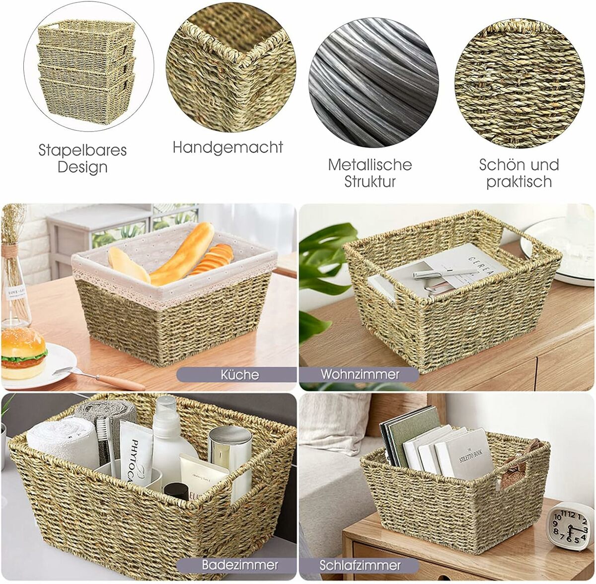 Bild 4 von COSTWAY 4er Set Aufbewahrungskorb, geflochten aus Seegras, 30x22x15,5cm