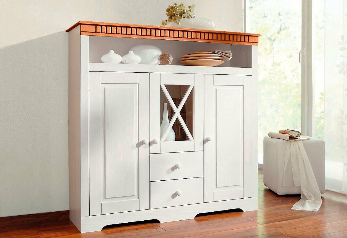 Bild 1 von Home affaire Highboard Lisa, aus massivem Kiefernholz, mit dekorativen Fräsungen an der Topplatte