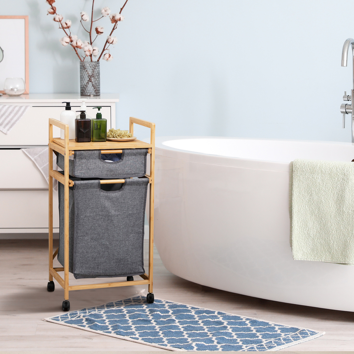 Bild 2 von HOMCOM Wäschekorb Wäschebox mit 2 Stoffbeutel Wäschesack Wäschesammler mit Rollen Aufbewahrungskorb