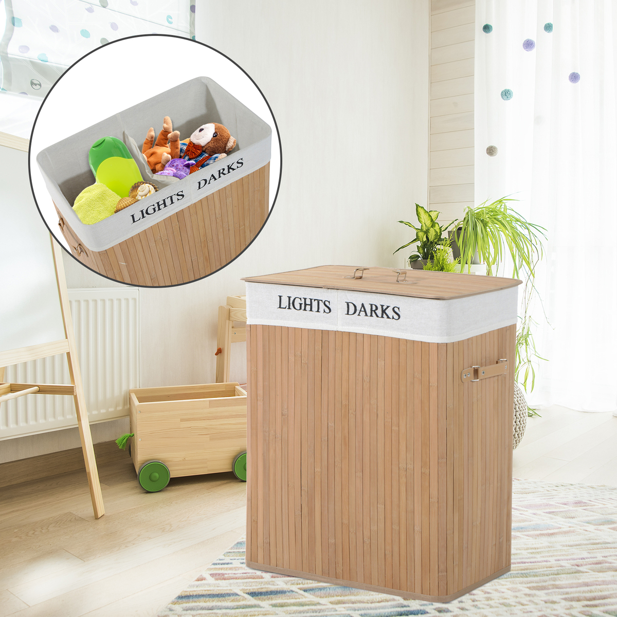 Bild 3 von HOMCOM Wäschekorb Wäschebox Wäschesammler mit Deckel Segeltuchsack Segeltuch + Bambus Natur 100L 52