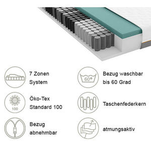 Schlaraffia Gel-Taschenfederkernmatratze Primus Next 290 Tfk, Grau, Weiß, Textil, H2 + H4, 180x200 cm, Oeko-Tex® Standard 100, Härtegradauswahl, Bezug abnehmbar/waschbar, atmungsaktiv, schadstoffg