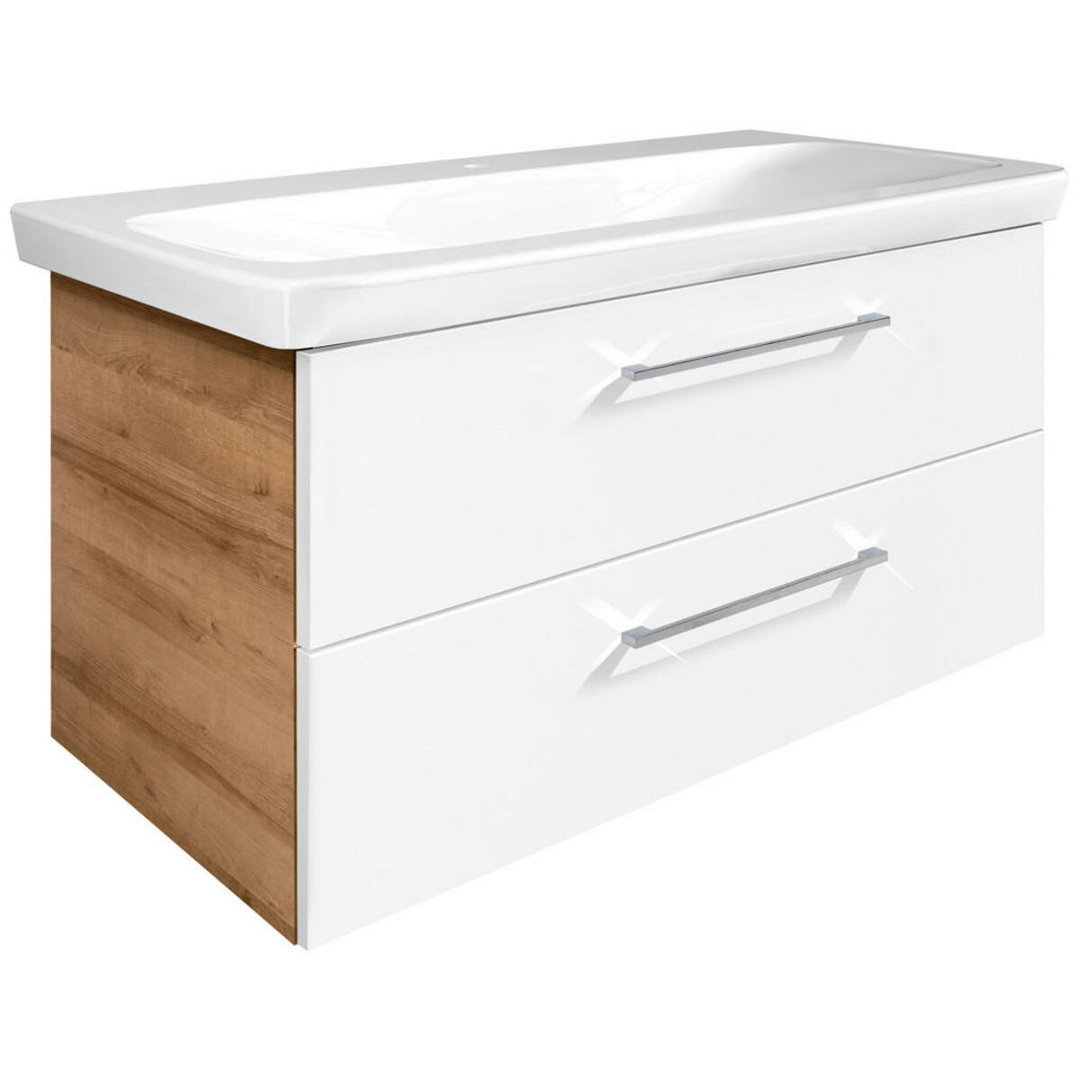 Bild 1 von Voleo Waschtischkombi Lara, Eiche, Chrom, Weiß Hochglanz, Metall, 2 Schubladen, 107.5 cm, Made in Germany, Zusatzausstattung erhältlich, hängend, Typenauswahl, Badezimmer, Waschbecken & Armaturen,