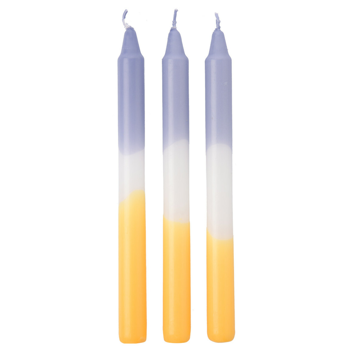 Bild 1 von 3 Stabkerzen mit Farbverlauf GELB / WEISS / HELLLILA