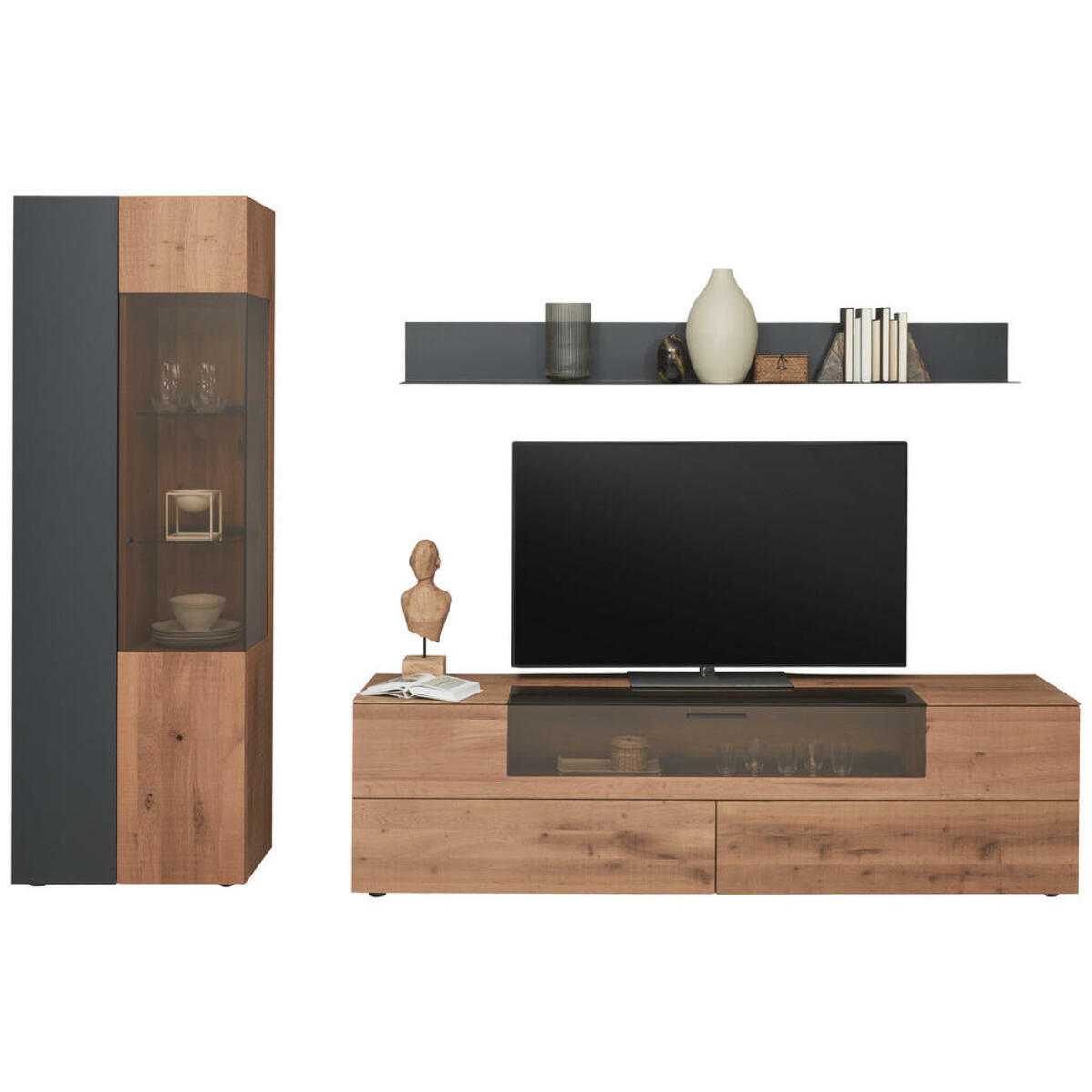 Bild 1 von Valnatura Wohnwand, Anthrazit, Eiche, Metall, Kerneiche, vollmassiv, 9 Fächer, 2 Schubladen, 296x207x54 cm, Goldenes M, Dgm, Beimöbel erhältlich, umfangreiches Zubehör erhältlich, Wohnzimmer, Wo