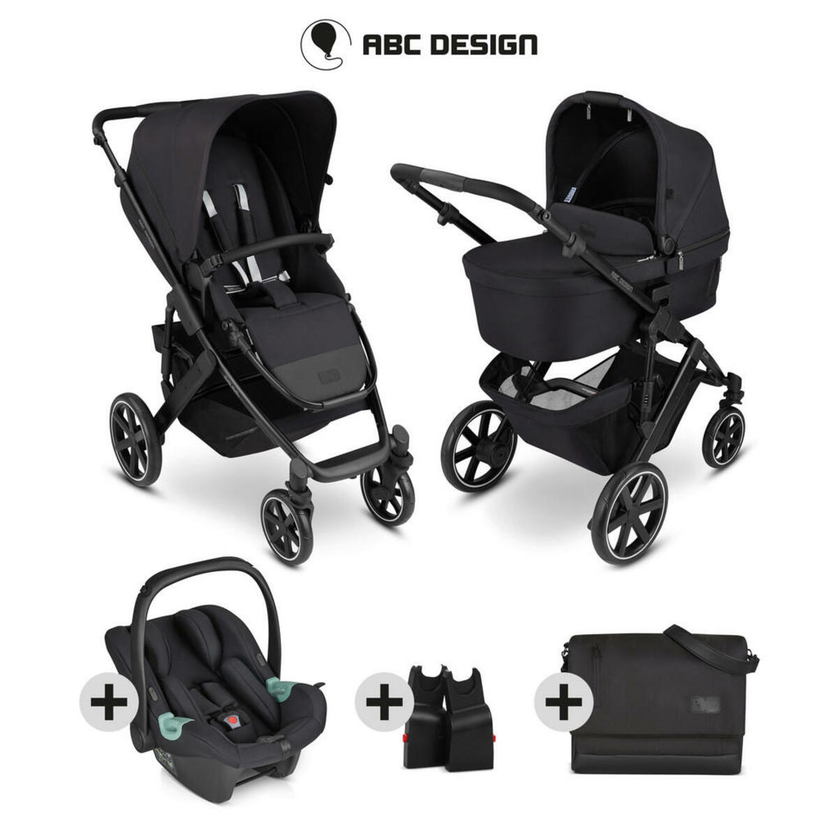 Bild 1 von ABC Design Kinderwagenset Salsa 4 Set, Schwarz, Textil, 6-teilig, 62.5x109 cm, EN 1888, UV 50+, ECE R 129 i-Size, Feststellbremse, Fußstütze abklappbar, Federung, kugelgelagerte Räder, Verdeckung