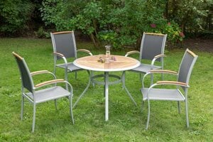 MERXX Garten-Essgruppe Siena, (Set, 5-tlg), 4 Sessel, stapelbar, Tisch Ø/Höhe: 100x75 cm, Akazie geölt, Schwarz|silberfarben