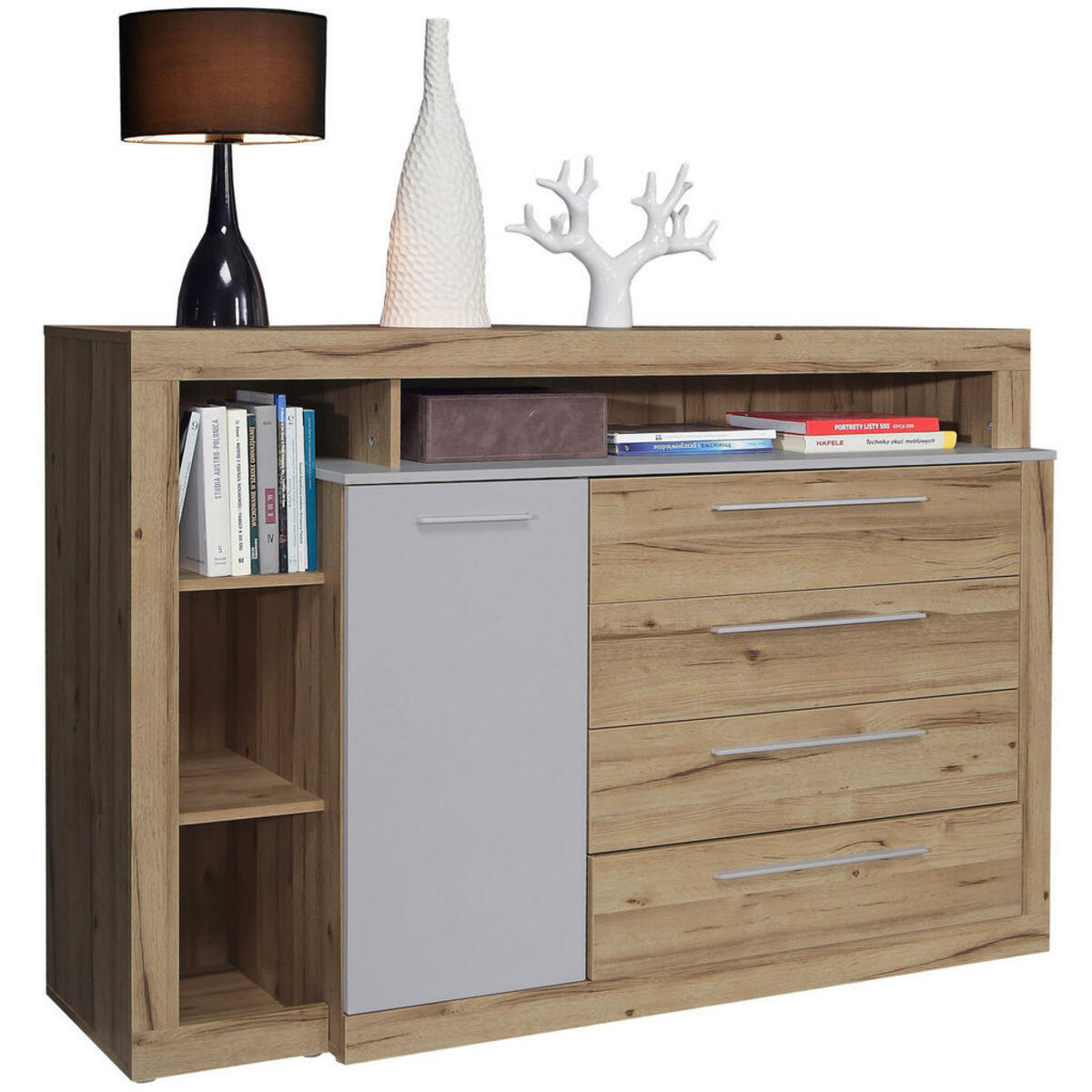 Bild 1 von Ti'me Sideboard, Grau, Eiche Artisan, Holzwerkstoff, 3 Fächer, 4 Schubladen, 161x107x43 cm, Beimöbel erhältlich, stehend, Schlafzimmer, Schlafzimmer Kommoden