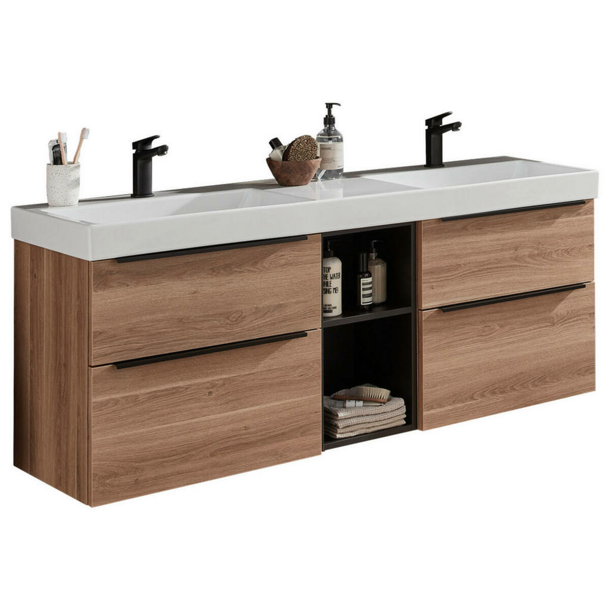 Bild 1 von Novel Waschtischkombi Nv.073, Schwarz, Weiß, Eiche, Metall, 1 Fächer, 4 Schubladen, 152 cm, Goldenes M, Made in Germany, Dgm, hängend, Typenauswahl, Badezimmer, Waschbecken & Armaturen, Waschtisch