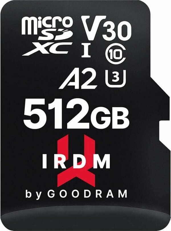 Bild 1 von Goodram IRDM UHS-I U3 A2 microCARD Speicherkarte (512 GB, Video Speed Class 30 (V30), 170 MB/s Lesegeschwindigkeit)