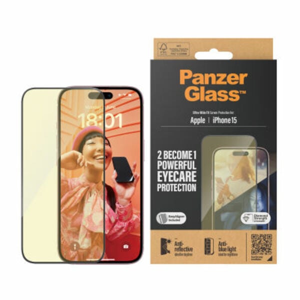 Bild 1 von PanzerGlass™ Eyecare Displayschutz iPhone 15 | Ultra-Wide Fit m. EasyAligner