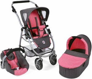 CHIC2000 Kombi-Puppenwagen Emotion All In 3in1, Anthrazit-Pink, inkl. Babywanne, Babyschale und Sportwagenaufsatz