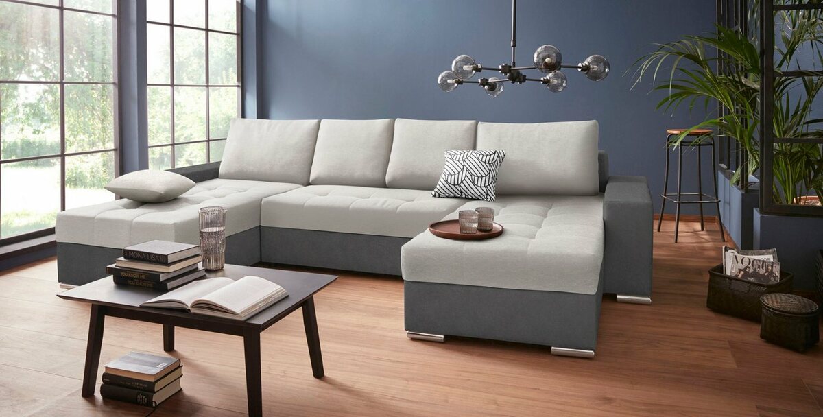 Bild 1 von COLLECTION AB Wohnlandschaft Josy, inkl. Bettfunktion, Bettkasten und Zierkissen, mit 2 Recamieren, Grau|silberfarben