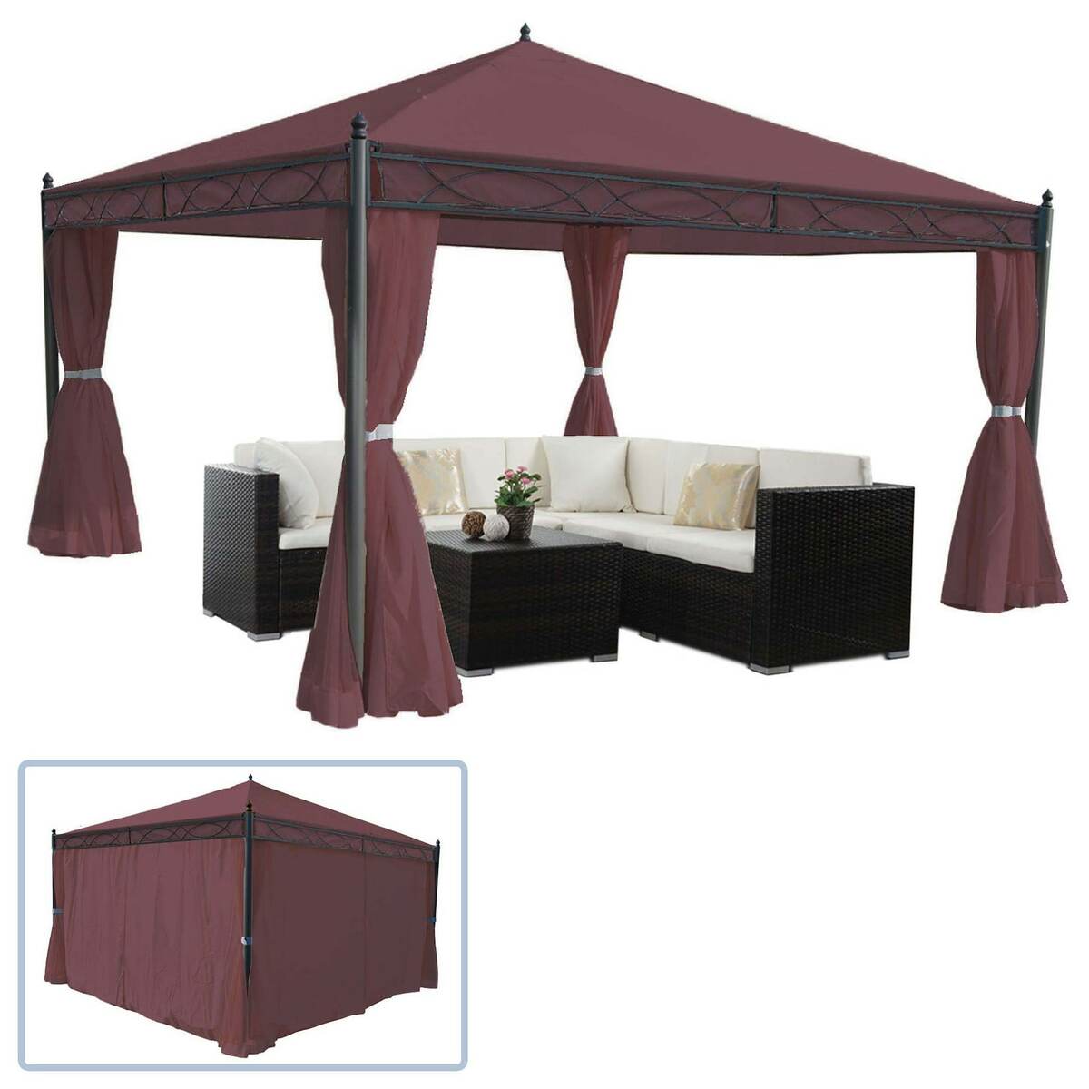 Bild 1 von Pergola Calpe, Garten Pavillon, stabiles 7cm-Gestell mit Seitenwand ~ rot-braun 4x4m