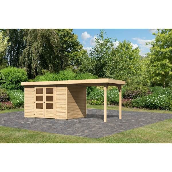 Bild 1 von Karibu Gartenhaus "Calabar 4" SET naturbelassen mit Boden, Anbaudach 2,40 m Breite, Dachfolie