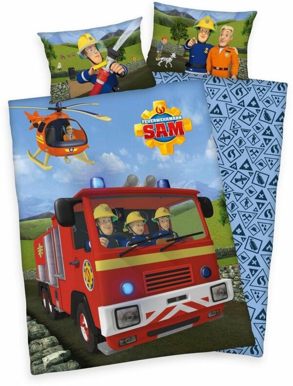 Bild 1 von Babybettwäsche Feuerwehrmann Sam, Feuerwehrmann Sam, Renforcé, 2 teilig, mit Löschzug und Helikopter