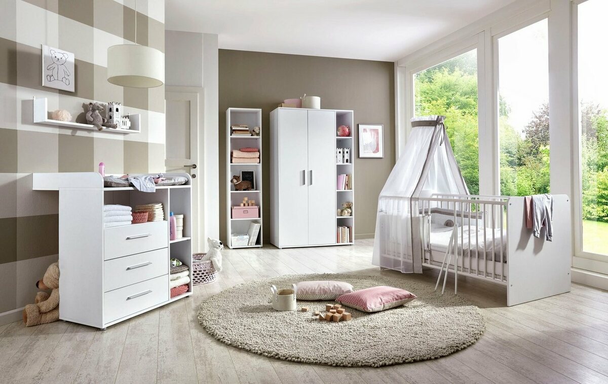 Bild 1 von BMG Möbel Babyzimmer-Komplettset Luis, (Set, 5-St., Bett + Wickelkommode + 2-trg. Schrank + Standregal + Wandboard), Bett + Wickelkommode + 2-trg. Schrank + Standregal + Wandboard