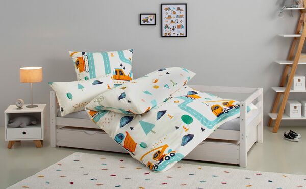 Bild 3 von Kinderbettwäsche Cuddlee, Lüttenhütt, Renforcé, 2 teilig, in unterschiedlichen Designs verfügbar:Dino,Einhorn,Weltraum,Baustelle