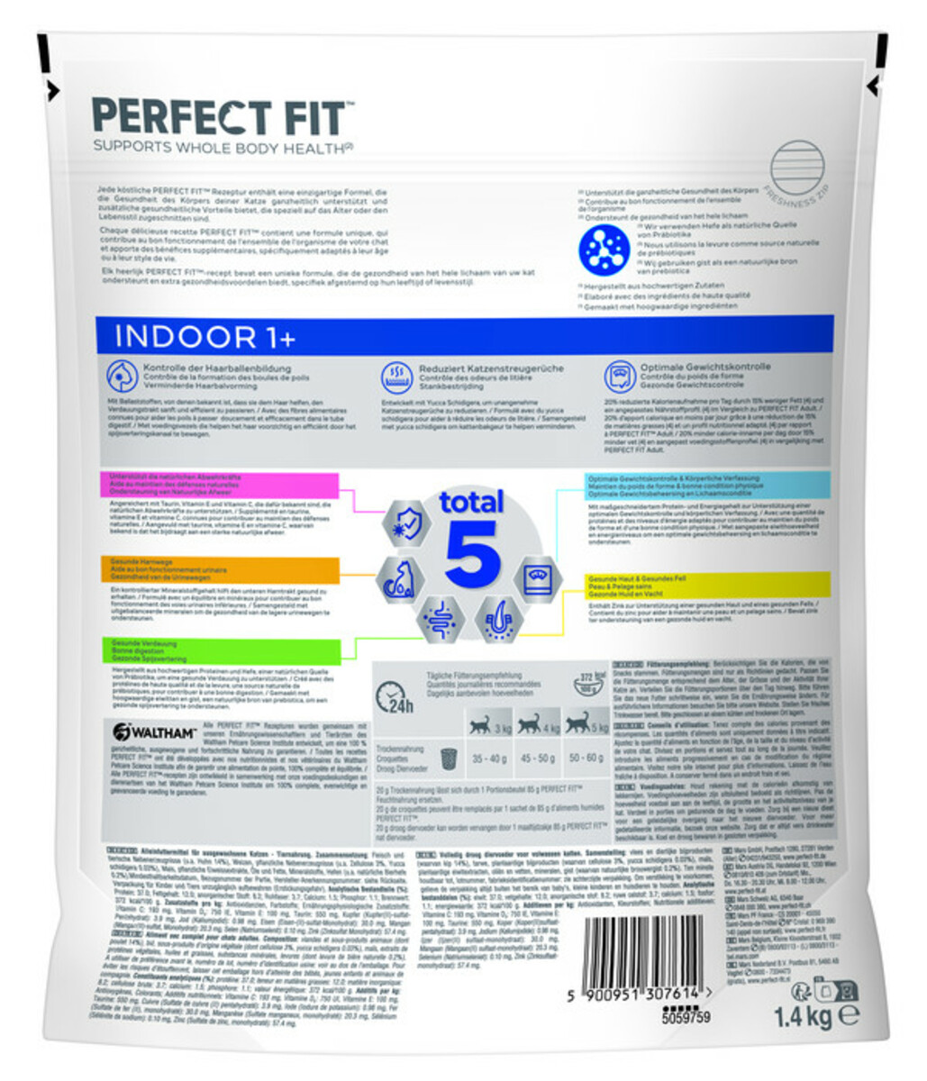 Bild 2 von Perfect Fit® Trockenfutter für Katzen Indoor, Adult 1+, Huhn, 5 x 1,4 kg