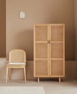 LeGer Home by Lena Gercke Highboard Lina, Mit Rattan Einsatz, 3 Innenfächer, teilmassiv, Beige