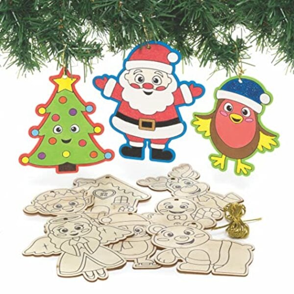 Bild 1 von Baker Ross FC189 Weihnachtsdekorationen aus Holz - 12er Pack, Holzbastelset für Kinder, Weihnachtsschmuck zum Selbermachen für Kinder