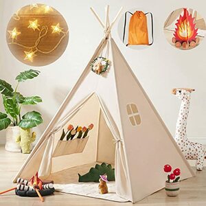 Tiny Land Tipi Zelt für Kinder mit Lichtern & Lagerfeuer Spielzeug & Tragetasche, Waschbar Kinderzelt für Drinnen, Tipi Zelt Kinderzimmer, Spielzelt für Mädchen & Jungen,Spielzeug für 3~5 Jahre