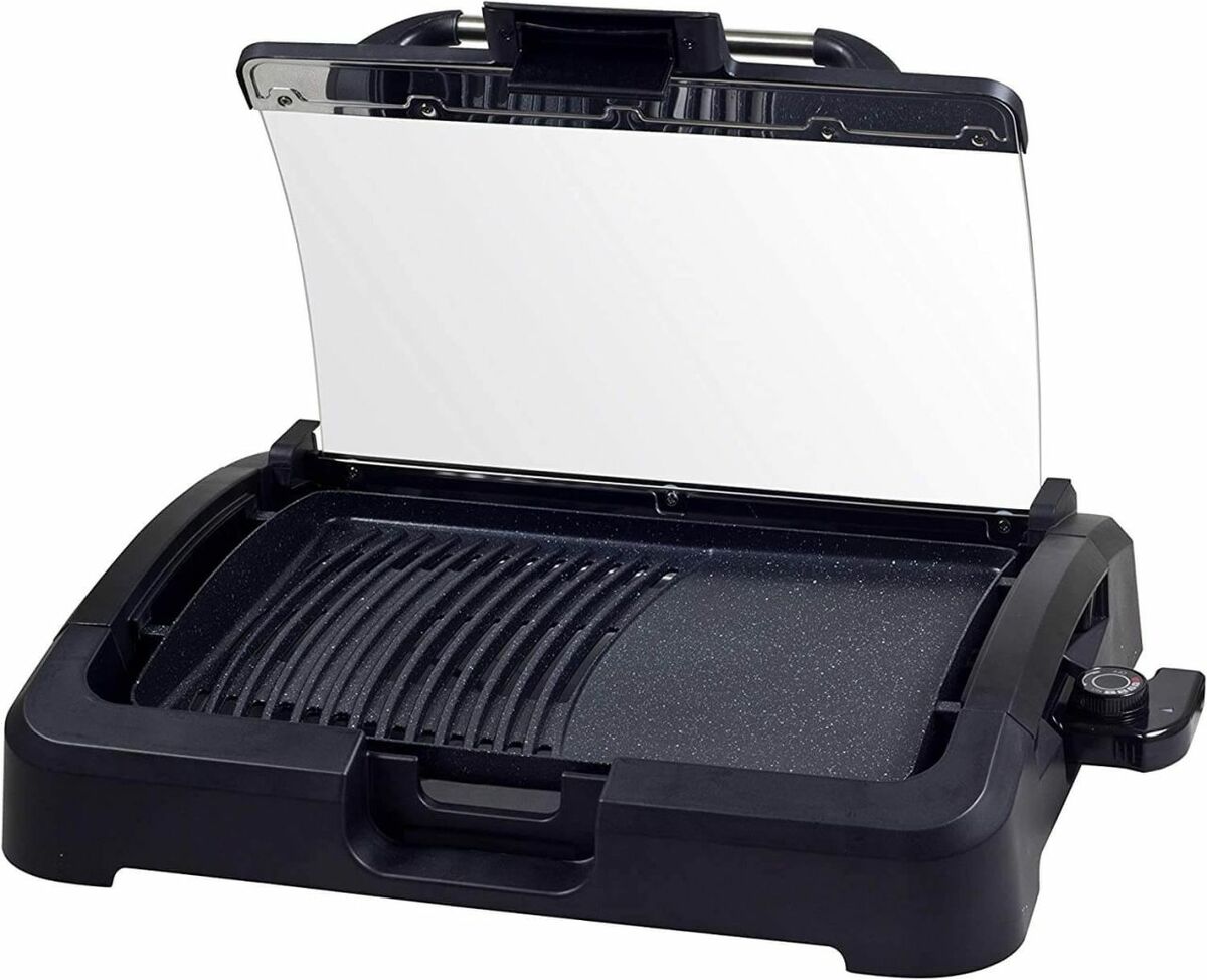 Bild 1 von Beper 90.871 Elektrogrill mit Glasdeckel, beschichtete Grillplatte, Edelstahl, 2200 W