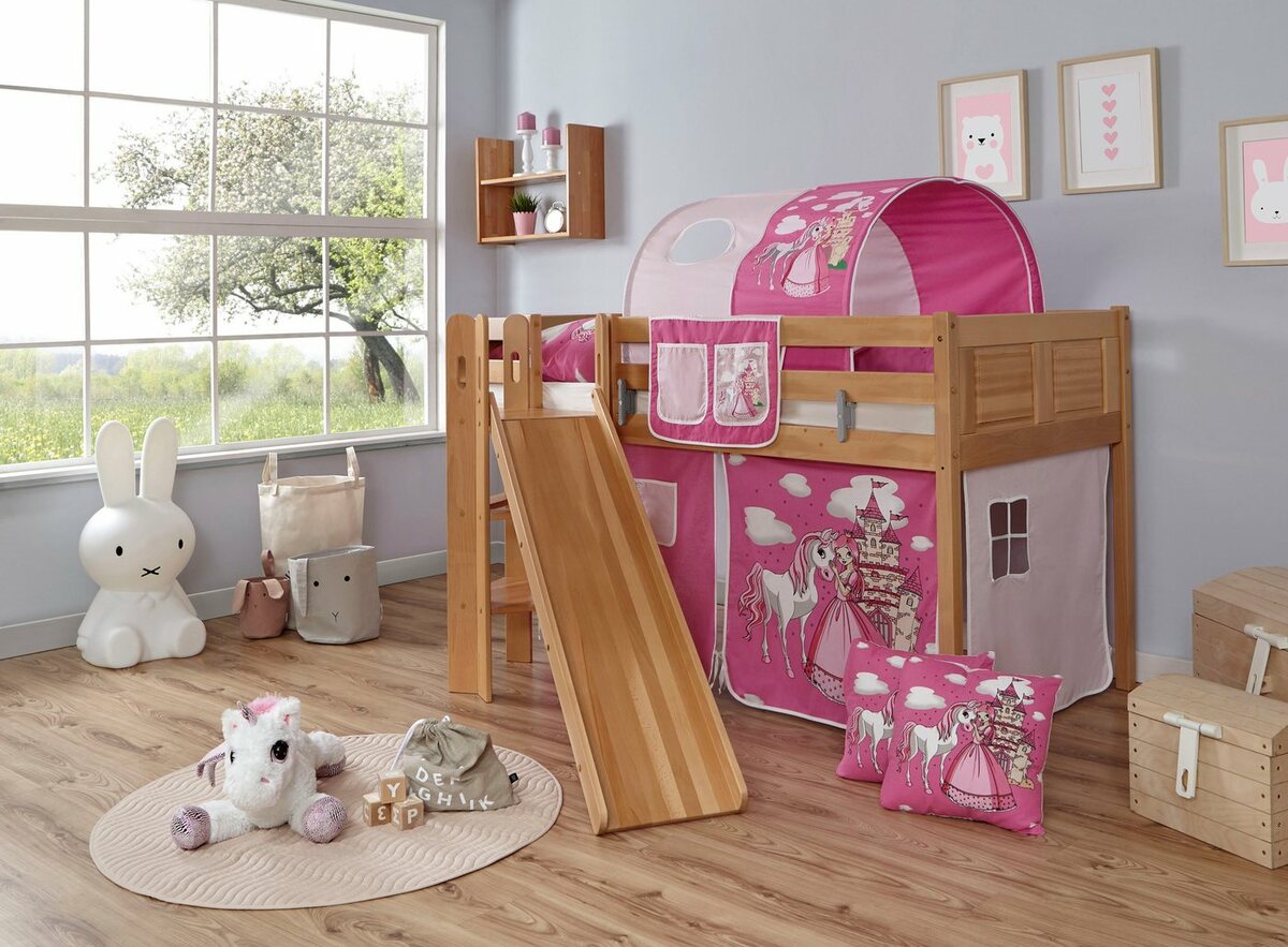 Bild 1 von Ticaa Hochbett Ekki mit Rollrost und Textil-Set wahlweise mit Matratze, Buche