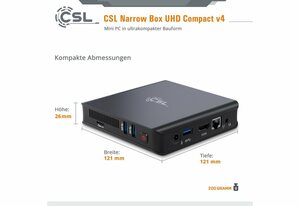 CSL Narro Box Ultra HD Compact v4 / 1000 GB / Win 11 Home PC (Intel® Celeron N4120, Intel® HD Graphics 600, 4 GB RAM, 1000 GB SSD, passiver CPU-Kühler, 2m HDMI Kabel)