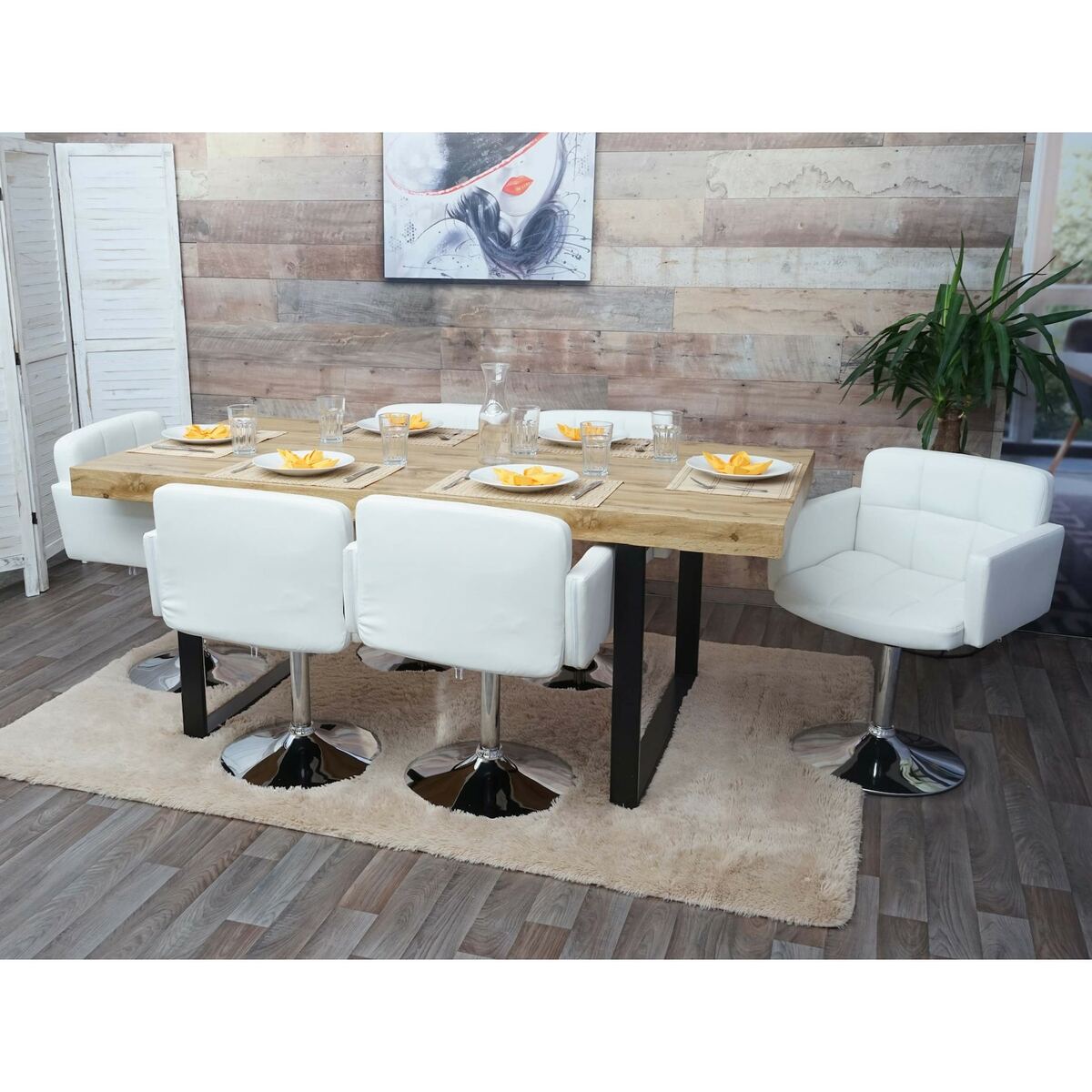 Bild 1 von 6er-Set Esszimmerstuhl Houston, Küchenstuhl Drehstuhl Stuhl, Kunstleder Chrom ~ weiß