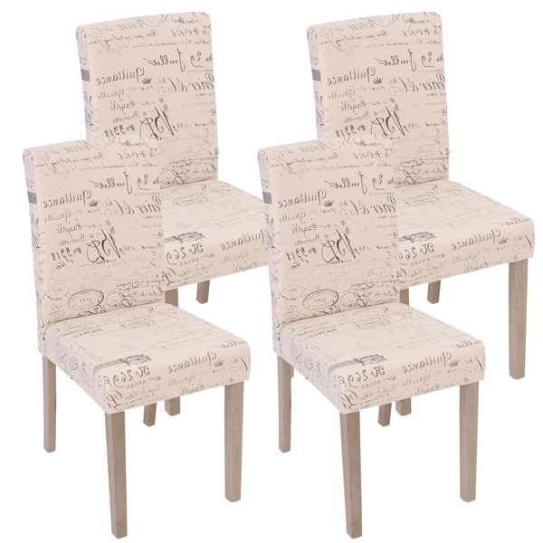 Bild 1 von 4er-Set Esszimmerstuhl Littau, Stuhl Küchenstuhl ~ Textil mit Schriftzug, creme, Beine Struktur - Eiche
