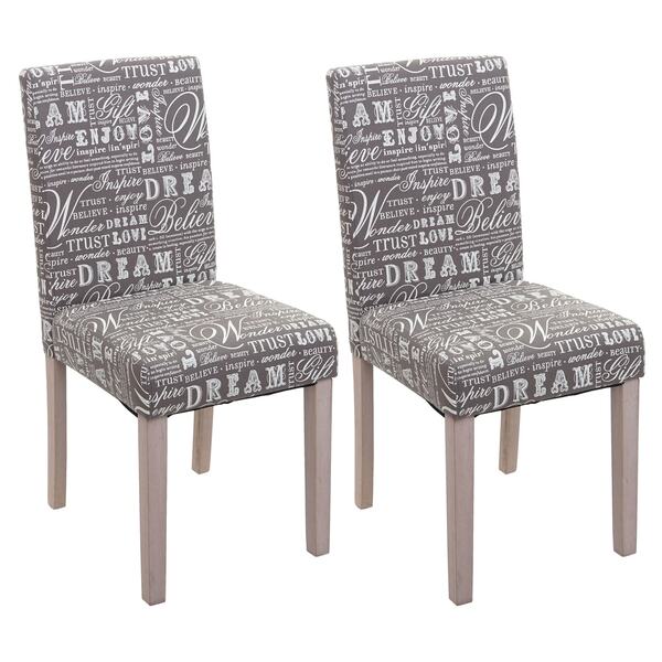 Bild 1 von 2er-Set Esszimmerstuhl Littau, Stuhl Küchenstuhl ~ Textil mit Schriftzug, grau, Beine Struktur - Eiche