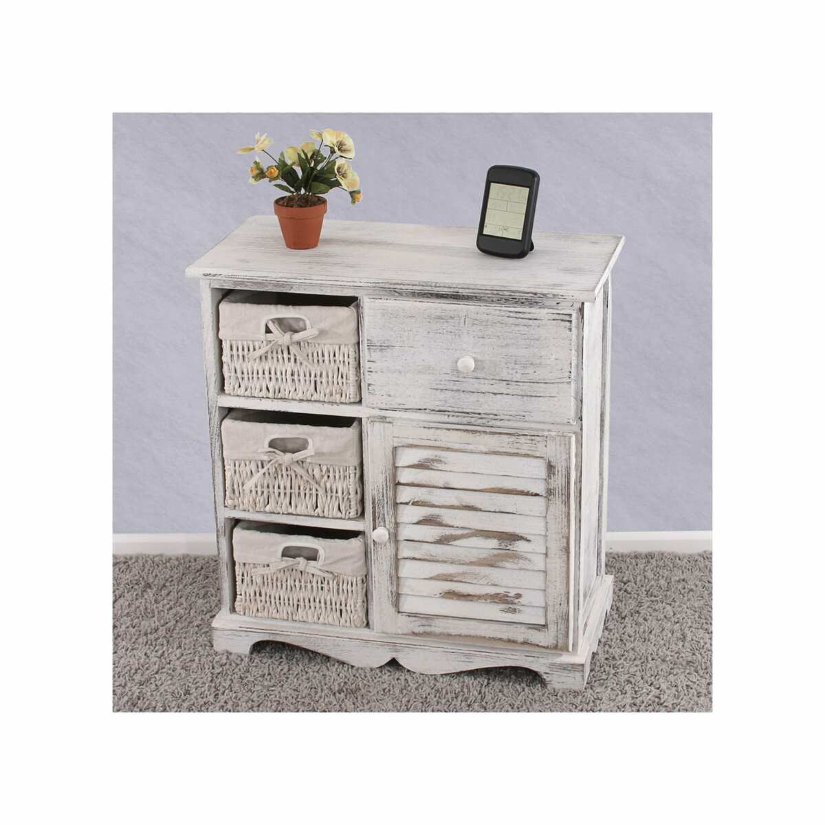 Bild 1 von Kommode Schrank mit 3 Körben 63x60x30cm, Shabby-Look, Vintage ~ weiß