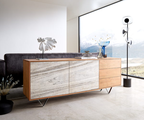 Bild 1 von Sideboard Kleo 175 cm Akazie Natur 2 Türen 3 Schübe V-Fuß Edelstahl